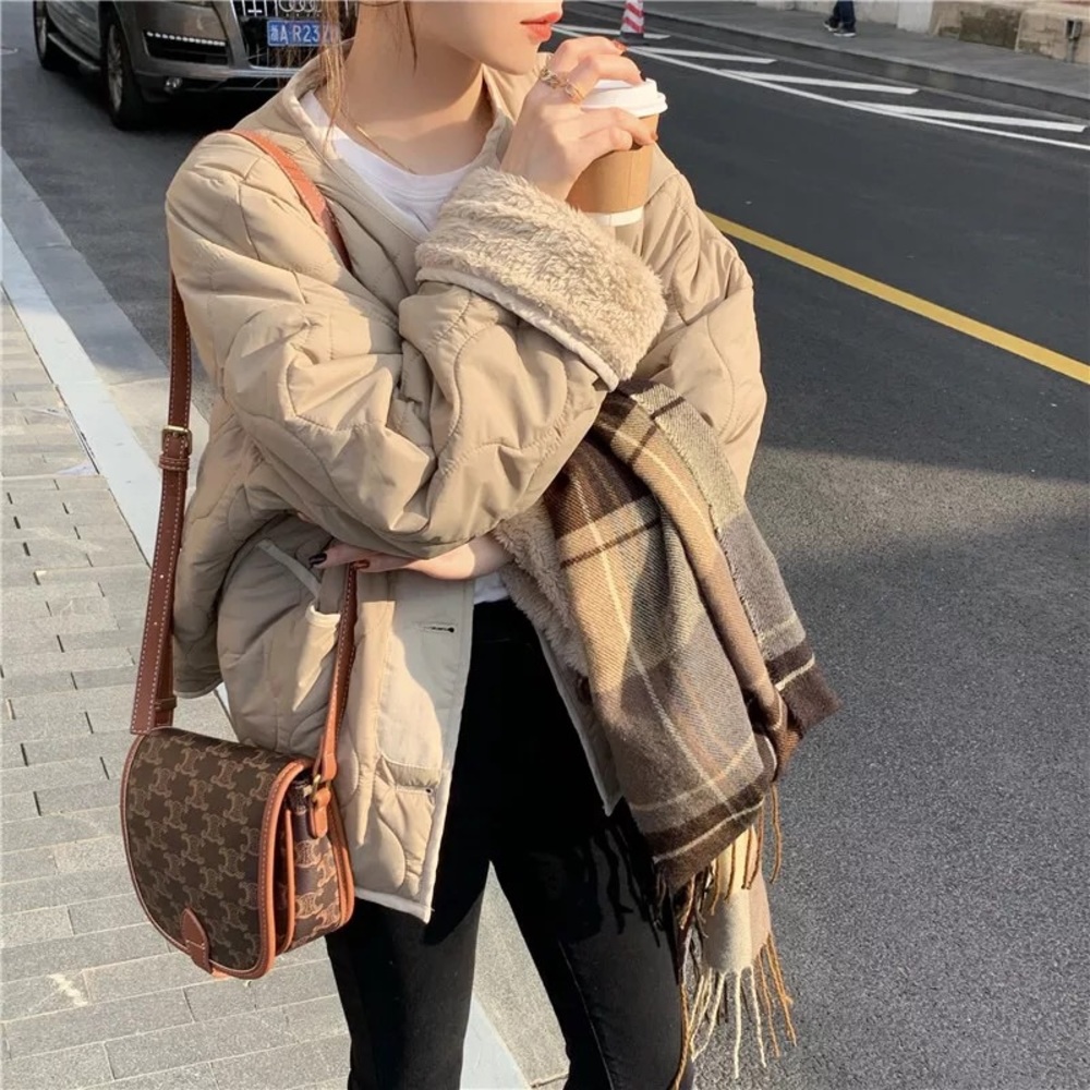 Coat jacket reversible cozy khaki beige tan pocket quilted puff women’s Teddy - Picture 11 of 13